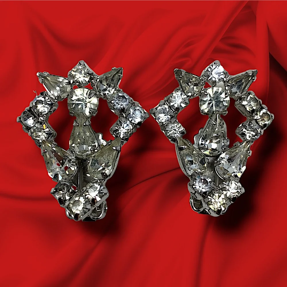 Vintage 1960's Art Deco Crystal Earrings Clip On Runway Couture Carded